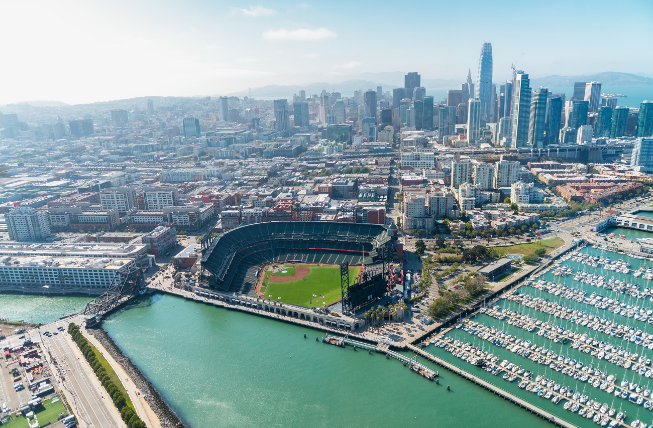 Aerial view of San Francisco skyline on a beautiful sunny summer