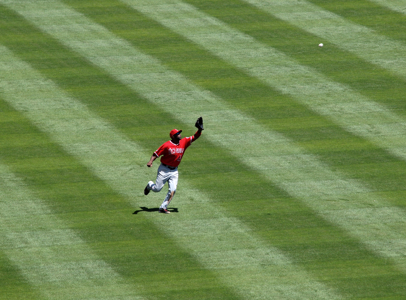 a player catches the baseball in the air before it bounces